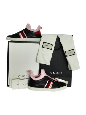 Gucci pink web lace black leather trainers