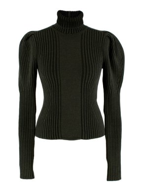 Bottega Veneta Wool Khaki Roll Neck Puff Sleeve Top