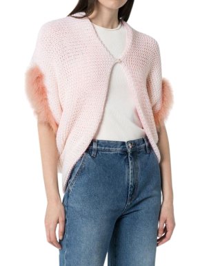 Loewe Pink Contrast Wool Knit and Feather Bolero