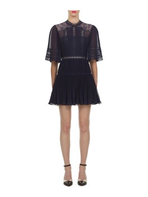 Self Portrait Blue Chiffon and Lace Panel Mini Dress