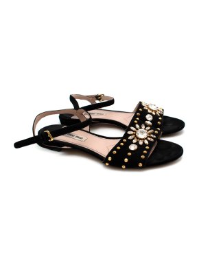 Miu Miu Black Suede Crystal Embellished Sandals
