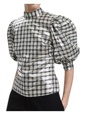 Ganni Lagarde Silver Gingham Silk Lame Blouse