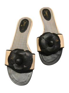 Chanel beige & black leather camellia flat sandals