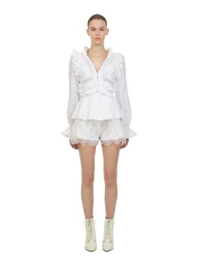 Self Portrait White Cotton Broderie Frilled Blouse