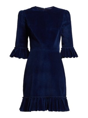 The Vampires Wife Mini festival ruffle trimmed navy corduroy dress