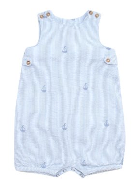 Thomas Brown Blue Striped Sailboat Smocked Romper