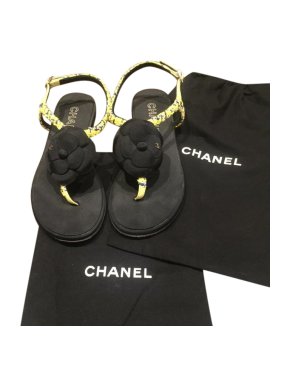 Chanel Black & Yellow Tweed Camellia Thong Sandals