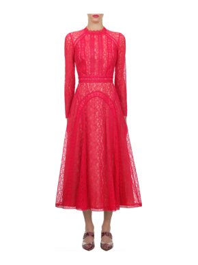 Self Portrait Hot Pink Lace Panel Midi Dress