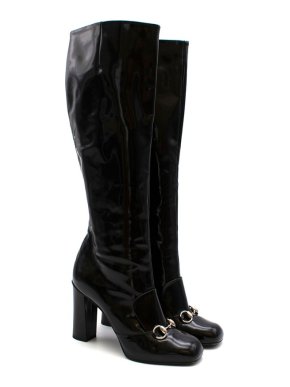 Gucci Lillian Horsebit Black Patent Heeled Boots