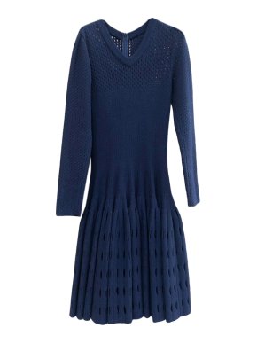 Alaia navy wool blend flare knitted dress