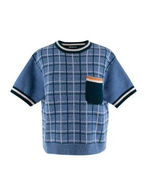 Miu Miu Blue Plaid Wool Knit Boxy Crop Top