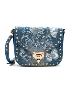 Valentino Denim Embroidered Butterfly Cross Body Bag