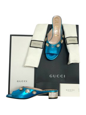 Gucci Lyric turquoise crystal embellished mules slides