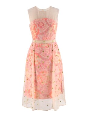 Erdem Peach Floral Jacquard Crystal Dress with Mesh Overlay