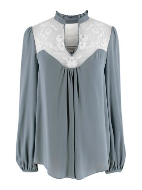 Temperley Blue Silk Blouse with Embroidered Mesh Panel