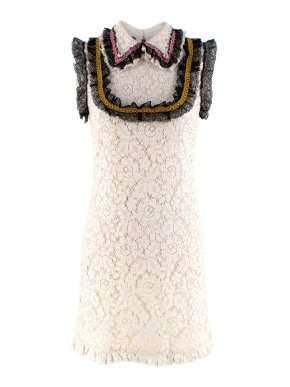 Gucci Ivory Lace Sleeveless Shift Shirt Dress with Lace Ruffled Trim
