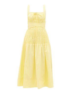 Self Portrait Belted Shirred Cotton Poplin Midi Dress