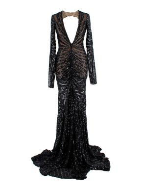 Michael Costello Sequin Embellished Mesh Open Back Gown