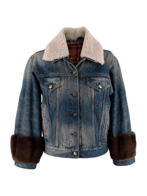 Gucci Guccification Denim Jacket with Mink Fur Trim & Shearling Collar