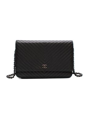 Chanel Black Lambskin Chevron Leather Wallet on Chain