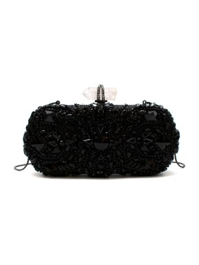 Marchesa Black Lilly Embellished Clutch with Quartz Crystal Detail