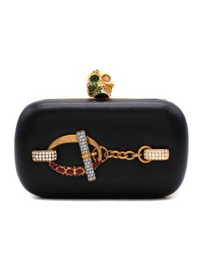 Alexander McQueen Black leather crystal embellished Skull Clutch