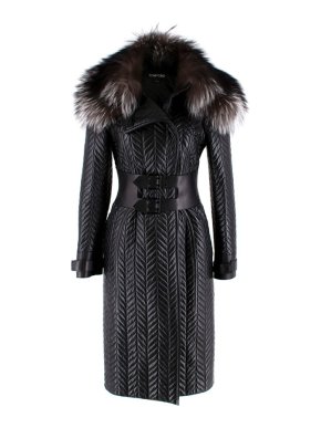 Tom Ford Longline Herringbone Lambskin & Fox Fur Belted Coat