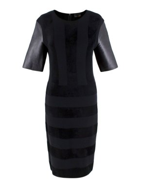 Fendi Black Wool Blend Striped Dress with Leather Sleeves