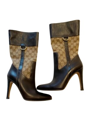 Gucci brown leather monogram GG logo mid-calf boots