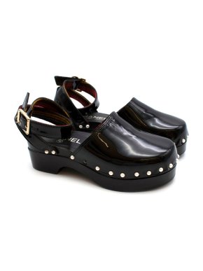Chanel Black Patent Clogs with Ankle Strap