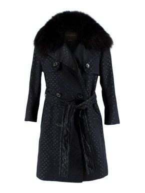 Louis Vuitton Monogram Black Trench Coat with Fox Fur Collar
