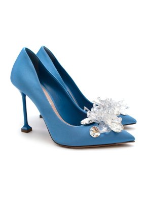Miu Miu Crystal Embellished Blue Satin Pumps