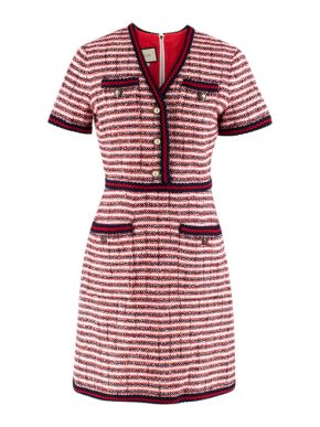 Gucci Red & Blue Woven V-neck Wool Dress