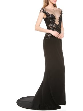 Reem Acra Black Embroidered Illusion Gown