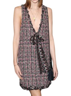 Chanel Pink Boucle Tweed Bow Detail Mini Dress
