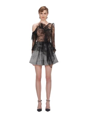Self Portrait Black Fine Lace Frilled Top