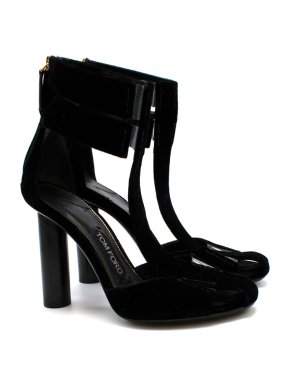 Tom Ford Black Velvet T-Strap Chunky-Heel Sandals