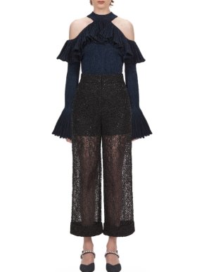 Self Portrait Indigo Lurex Cold Shoulder Frill Knit Top