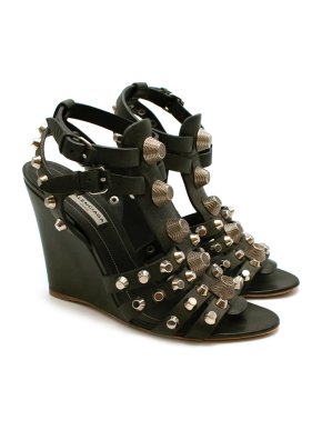 Balenciaga Green Leather Arena Studded Gladiator Wedges