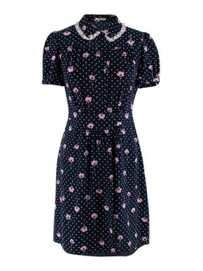 Miu Miu Navy Silk Floral Print Shirt Dress