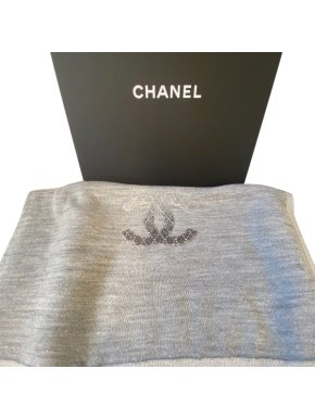 Chanel metallic silver sequin logo wool blend scarf