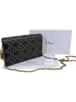 Christian Dior Lady Dior studded black leather wallet on a chain bag