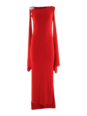 Balmain Red Knit Draped Shoulder Gown