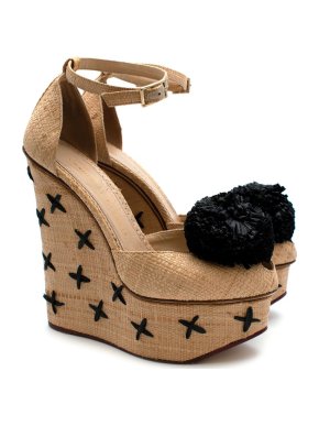 Charlotte Olympia Melody Raffia Platform Pom-Pom Wedges