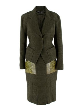 Tom Ford Green Tweed Skirt Suit with Snake Embossed Pockets