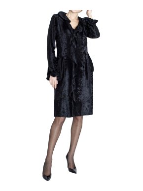 Valentino Black Astrakhan Ruffled Silk Lined Coat