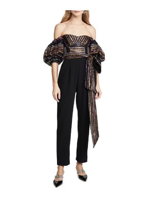 Self Portrait Stripe Sequin Puff Sleeve Jumpsuit