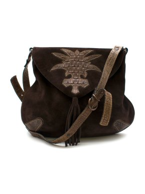 Looky Brown Suede & Croc Embossed Leather Cross-Body Bag