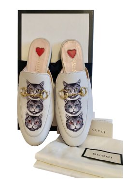 Gucci Mystic Cat Princetown white leather mules
