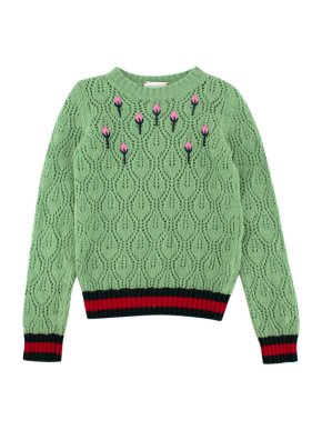 Gucci Kids Green Rose Embroidered Wool & Cashmere Jumper